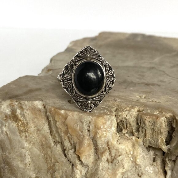Sterling Silver 925 Thailand Scrollwork Filigree Oval Black Onyx Ring Sz 6.75 - Picture 16 of 16